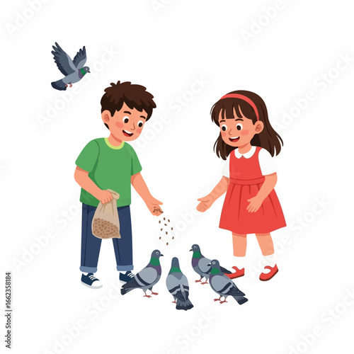 Two cheerful children joyfully feed a flock of pigeons, sharing a moment of playful kindness outdoors.