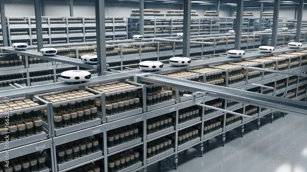 Automated Warehouse with Robotic Systems and Organized Storage Solutions Automated Warehouse with Robotic Systems and Organized Storage Solutions