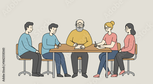 Collaborative meeting discussion among five colleagues in an office environment professional setting teamwork concept. Vector illustration