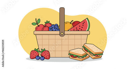Picnic basket filled with fresh fruits and sandwiches outdoor setting illustration vibrant colors fun concept. Vector illustration