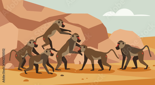 Baboons playfully interacting in a desert landscape animal illustration fun and dynamic environment. Vector illustration