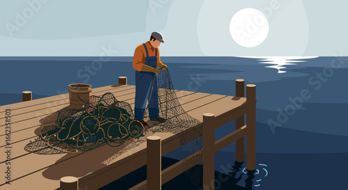 Fisherman casting nets at sunrise coastal dock illustration serene ocean perspective on fishing life. Vector illustration
