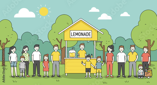 Lemonade stand fundraiser community park illustration bright day wide angle family fun and engagement. Vector illustration