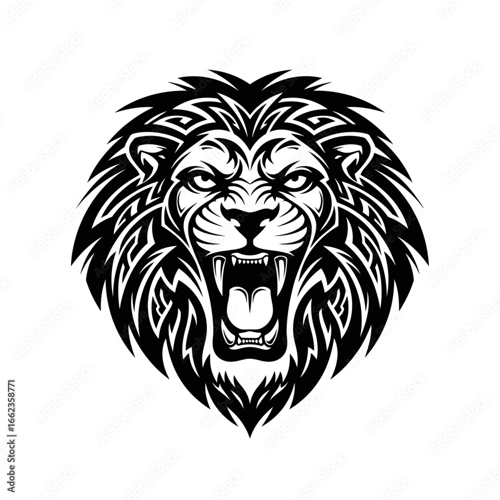 Obraz premium A fierce roaring lion head depicted in a black and white tribal tattoo style illustration.
