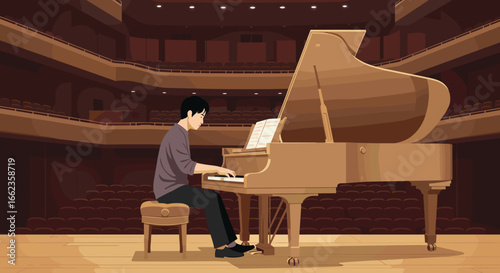 Piano performance concert hall digital art elegant environment side view musical passion. Vector illustration