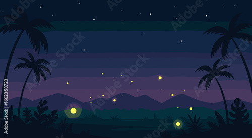 Nighttime fireflies dance amidst palm trees in a tranquil landscape serene nature scene tropical environment. Vector illustration