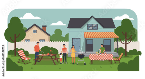 Outdoor barbecue gathering with family and friends residential backyard illustration cozy environment daytime community spirit. Vector illustration