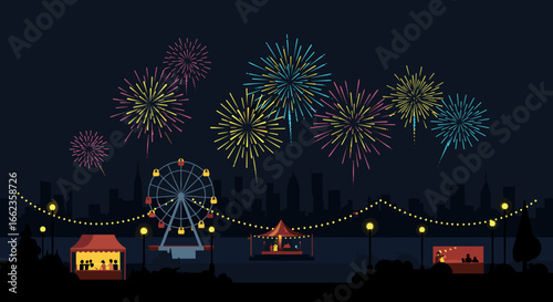 Fireworks celebration at night market urban skyline digital illustration festive atmosphere vibrant colors. Vector illustration