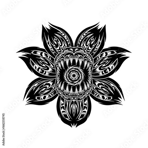 A monstrous carnivorous flower with sharp teeth and tribal patterns in a black and white illustration.