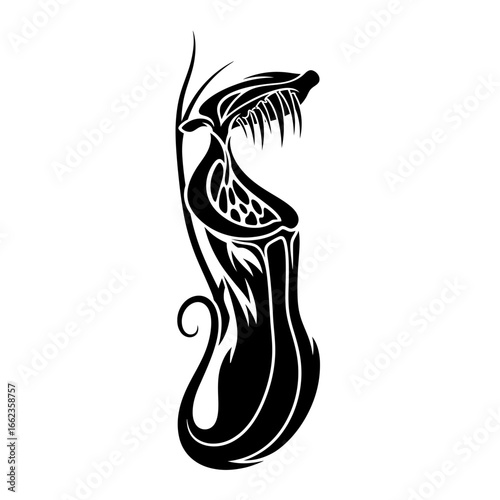 A stylized black tribal tattoo design of a carnivorous pitcher plant isolated on a white background.