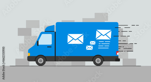 Fast mail delivery action urban setting digital illustration efficient transport side view logistics concept. Vector illustration