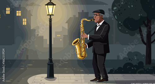 Saxophonist performing at night city street digital art urban environment side view music concept. Vector illustration