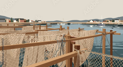 Fishing nets in harbor coastal town digital artwork calm water aerial view maritime lifestyle. Vector illustration