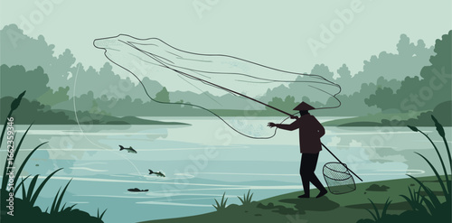 Fishing adventure at the riverbank nature scene tranquil landscape early morning fisherman casting net. Vector illustration