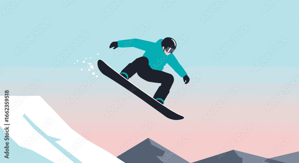 Naklejka premium Snowboarding jump action mountain landscape digital illustration winter environment dynamic viewpoint. Vector illustration