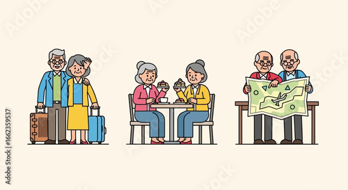 Happy senior couples enjoying a relaxing vacation with luggage, pastries, and maps for travel adventures