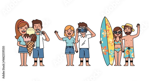 Happy people enjoying summer fun: ice cream, photography, surfing, and beach vibes with friends on sunny days
