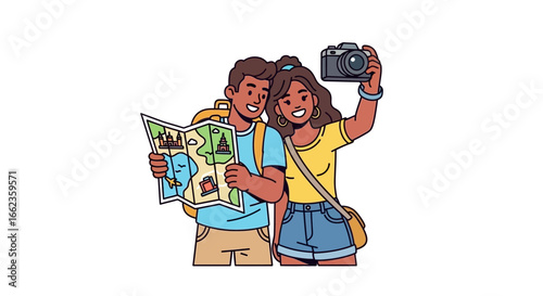 Happy couple exploring travel destinations together, using map and taking photos with a camera during their adventure