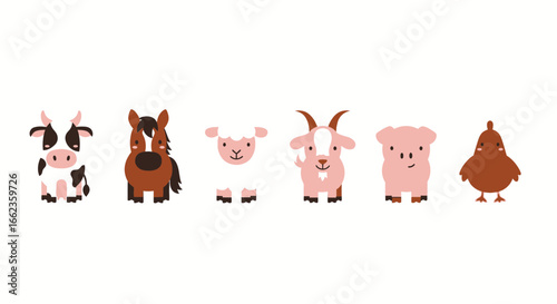 Adorable cartoon farm animals in a row, perfect for children's books, educational resources, and playful branding projects