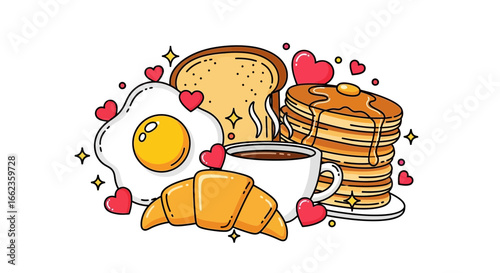 Delicious breakfast spread with coffee, pancakes, eggs, toast, and croissant, evoking warmth and morning joy.