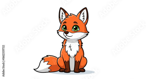 Adorable cartoon fox with bright green eyes sits patiently, exuding charm and playful innocence for children's stories and nature themes.