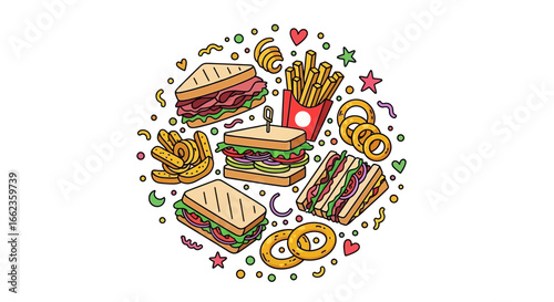 Delicious sandwiches and fries arranged in a fun, colorful circular pattern with playful decorative elements creating a vibrant and appealing visual.