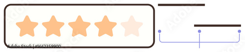 Horizontal rating bar displaying five stars with four colored, one dim. Lines and dots underline analysis, review system. Ideal for quality review, evaluation, feedback, scoring, analysis ranking
