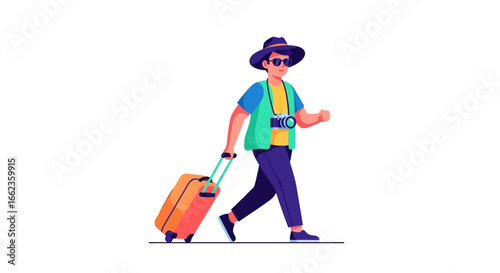 Stylish traveler with suitcase and camera ready for adventure, exploring new destinations, capturing memories, travel lifestyle