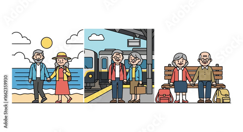 Senior couple enjoying travel and leisure activities together, walking by the beach, waiting at a train station, and relaxing on a bench