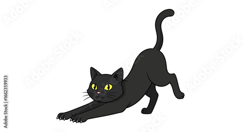 Playful black cat stretching and yawning, perfect for pet lovers, websites, and children's designs with cartoon style
