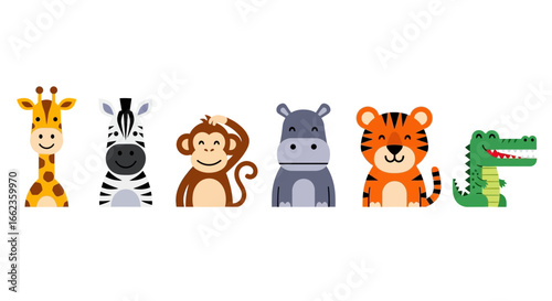 Adorable cartoon animals smiling and looking friendly, perfect for children's books, educational materials, and playful design projects