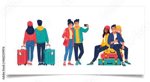 A set of vector illustrations showing young, happy couples traveling together with suitcases and smartphones.