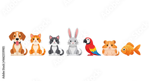 A collection of cute cartoon pet animals sitting in a row on a white background.