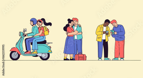 Set of diverse couples in daily life scenes: traveling by scooter, embracing, and looking at phones together.