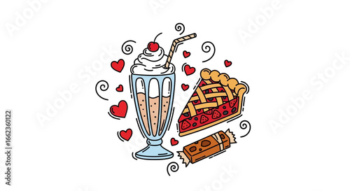 A charming cartoon illustration of a milkshake, a slice of fruit pie, and a chocolate bar surrounded by hearts.