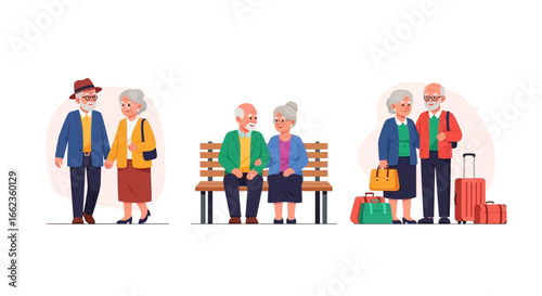A collection of illustrations showing a happy senior couple walking together, sitting on a park bench, and traveling with luggage.