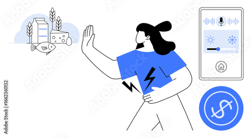 Woman managing energy through smart home controls, conserving resources thumbs up food, preventing waste. Ideal for sustainability, energy efficiency, food management, eco-conscious living