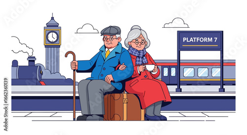 Illustration of an elderly couple sitting on a suitcase at a train platform, waiting for their journey to begin.