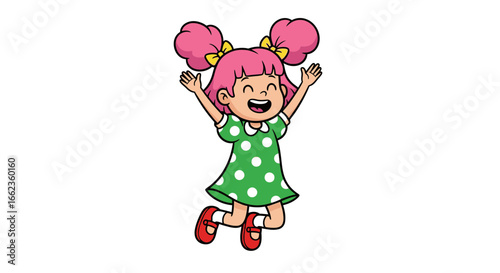 A joyful cartoon girl with pink hair in buns and a green polka dot dress jumping happily.