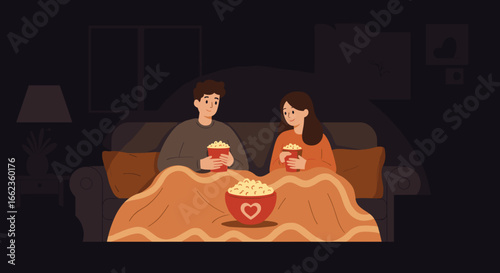 Cozy movie night with snacks living room illustration warm ambiance couple enjoying together. Vector illustration