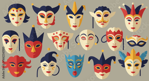 A collection of masks with a variety of colors and designs. Vector illustration