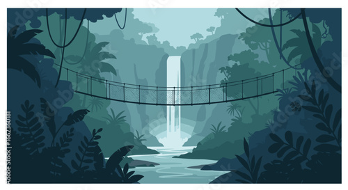 Exploring a serene waterfall in a lush jungle scenic landscape illustration tranquil environment aesthetic view. Vector illustration