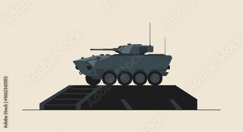 Military action armored vehicle maneuvering on terrain digital illustration modern environment side view. Vector illustration