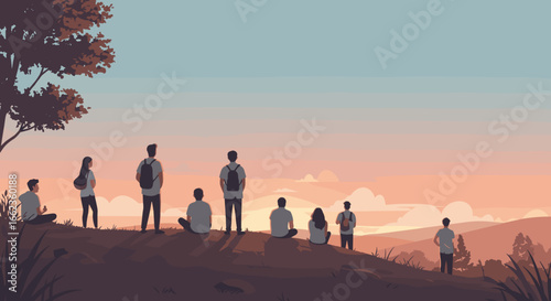 Gathering at sunset scenic hillside group of people tranquil environment serene viewpoint connection with nature. Vector illustration