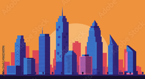 Sunset skyline illustration urban environment digital art vibrant colors aesthetic viewpoint. Vector illustration