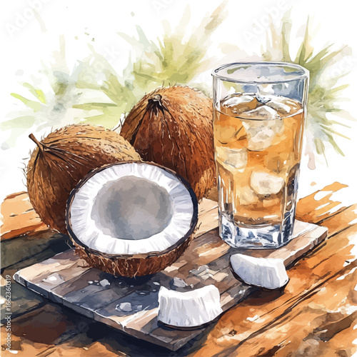 Coconut Drink Tropical Setting, watercolor clipart vector, isolated on a white background.