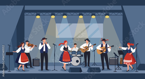 Cultural music performance stage illustration concert venue audience view folk traditions. Vector illustration