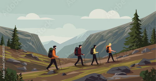 Mountain hiking adventure nature trail illustration scenic landscape wide angle outdoor exploration. Vector illustration