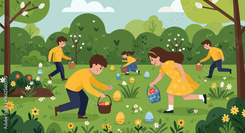 Children collecting colorful easter eggs in a lush park springtime picnic scene joyful family activity. Vector illustration