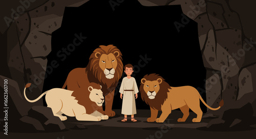 Courageous boy encounters majestic lions in dark cave animated scene inspirational environment. Vector illustration